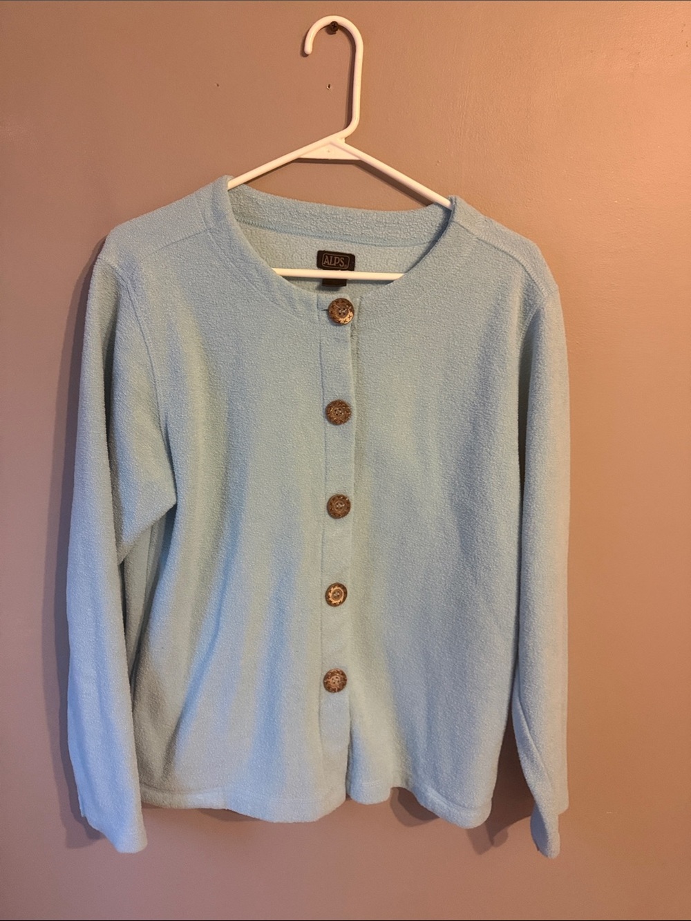 Vintage ALPS Fleece Cardigan. Blue/Teal color. Size large.